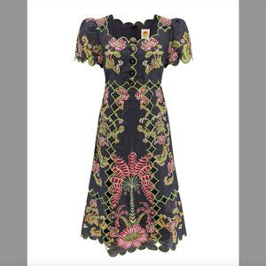 FARM Rio Black Ravenala Floral Embroidered Cut-Out Midi Dress, NWT 🇧🇷